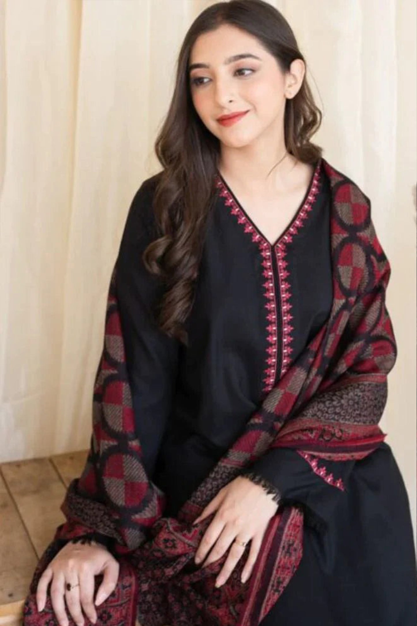 QN628-3PC Dhannak Embroidered suit with Printed Shawll