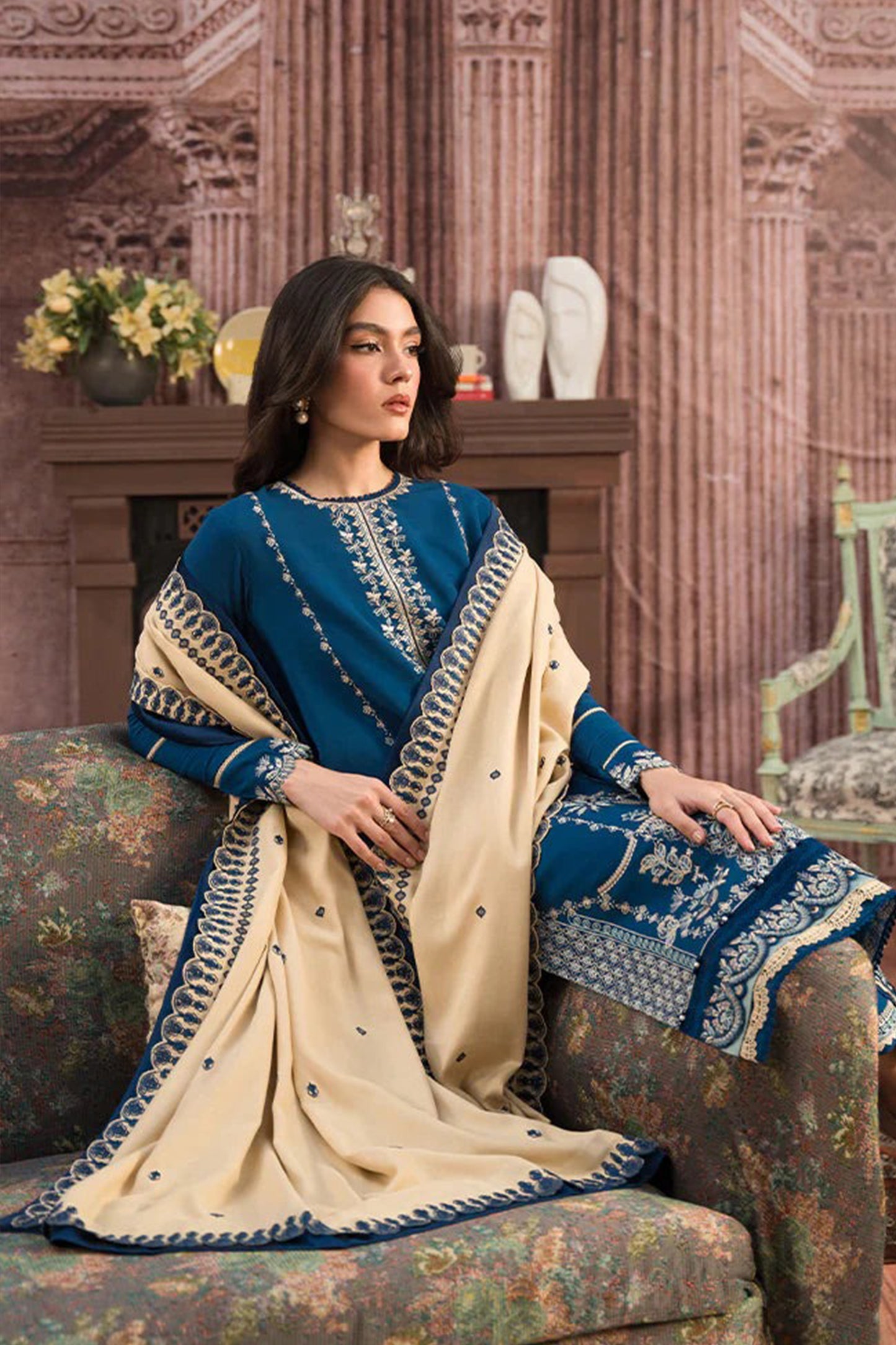 QN917-WINTER 3-Pc Embroidered Dhanak Suit with Heavy Embroidered Dhanak Shawll