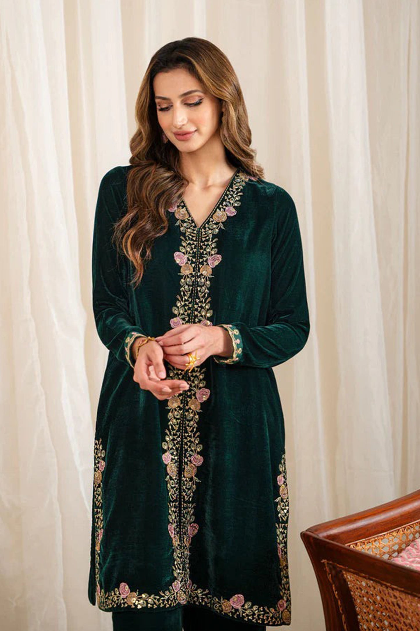 QN630-WINTER Velvet Embroidered Dress With Organza embroidered Dopata