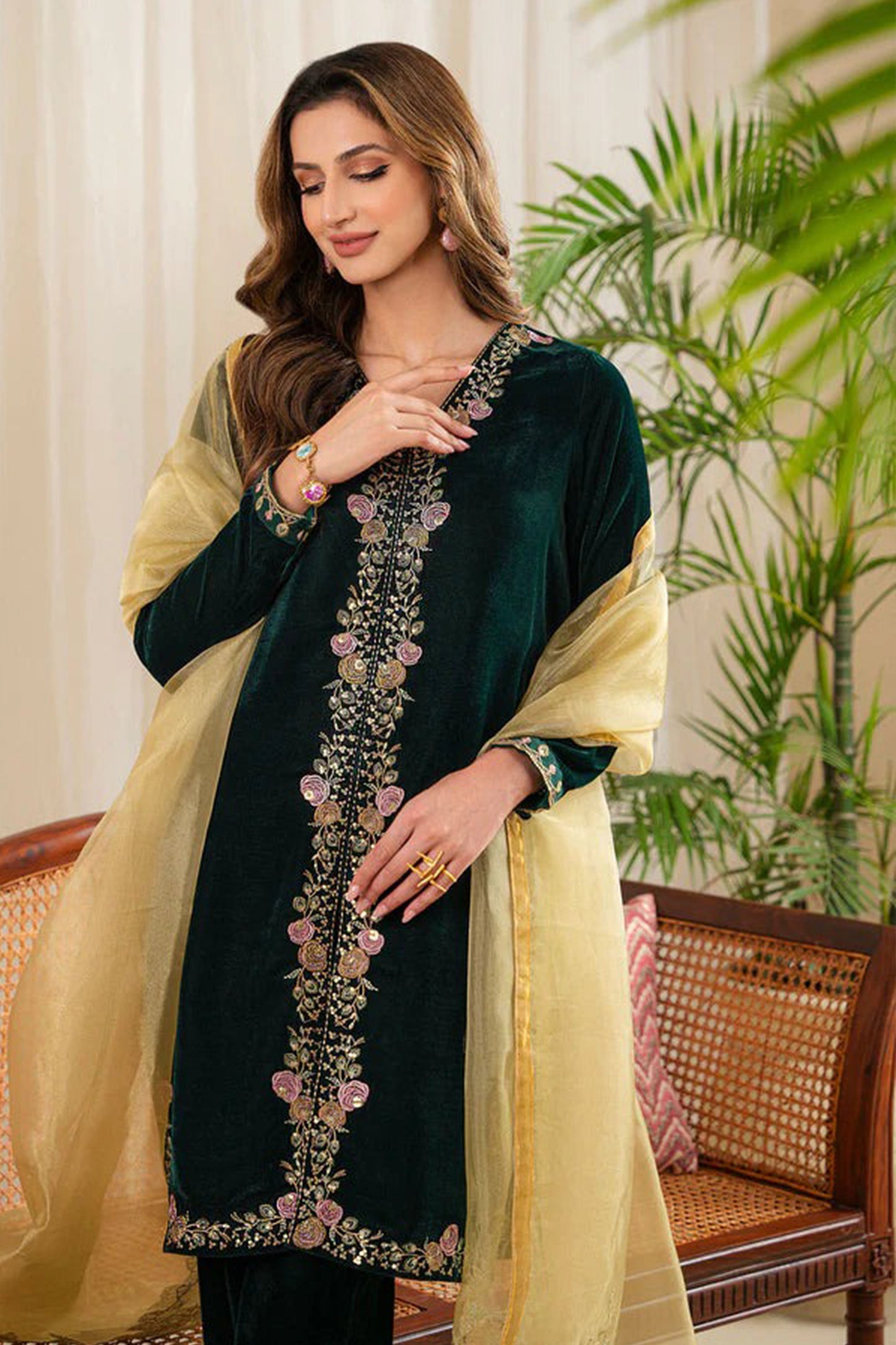 QN630-WINTER Velvet Embroidered Dress With Organza embroidered Dopata