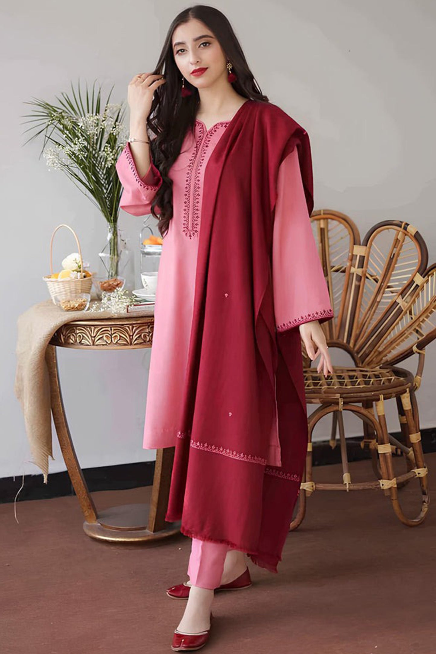 QN406-WINTER 3PC Dhanak suit with Embroidered Shawll