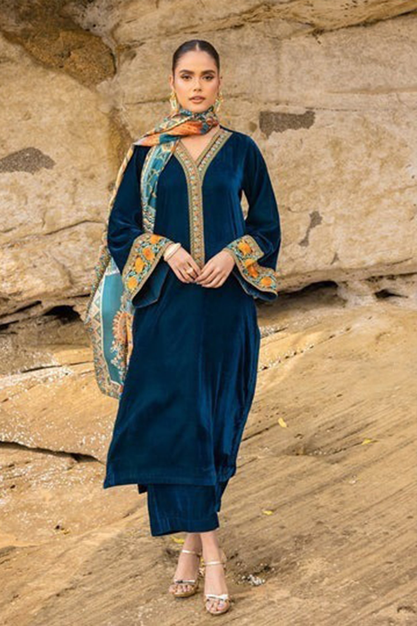 QN821-WINTER Velvet Embroidered printed duppatta Winter Collection