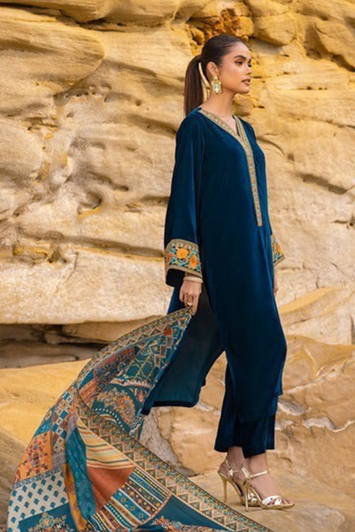 QN821-WINTER Velvet Embroidered printed duppatta Winter Collection