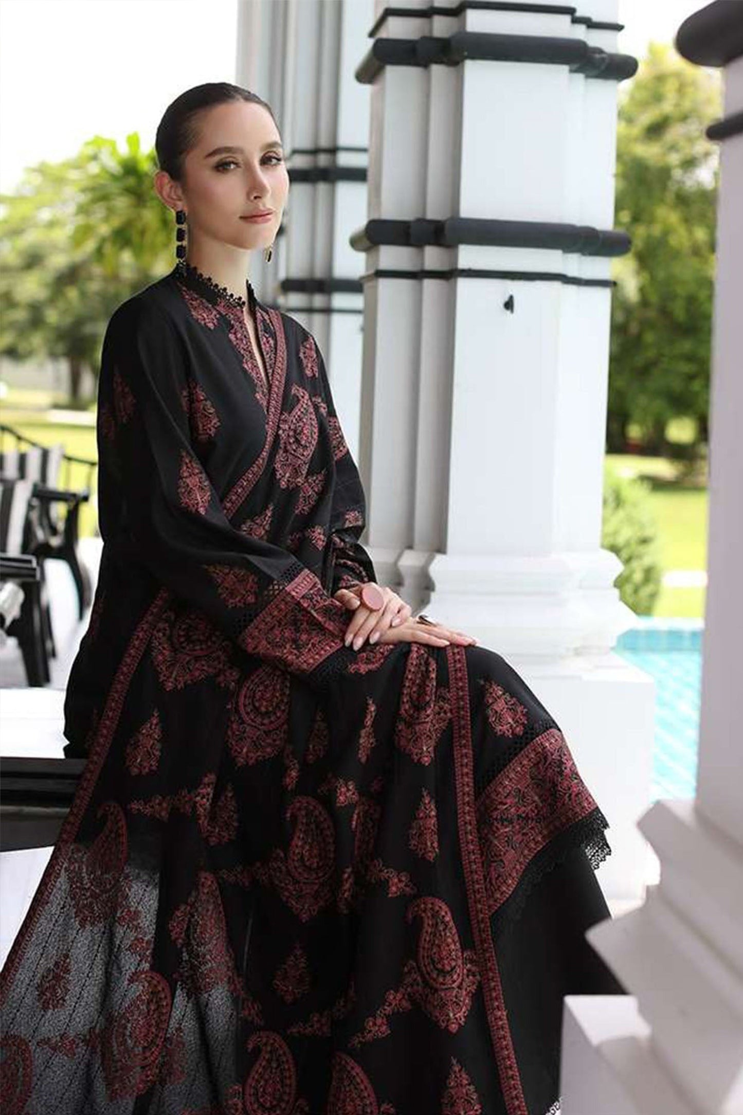 QN823-WINTER 3PC Dhannak Embroidered suit with Printed Shawll