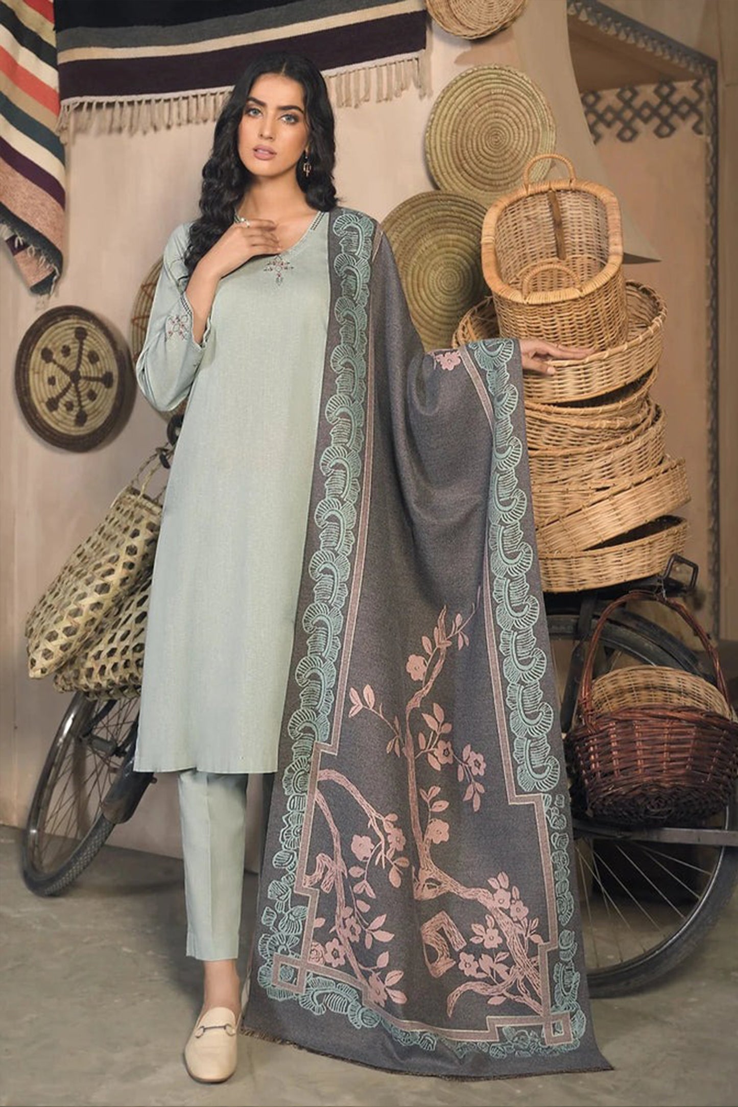 QN809-WINTER 3 Piece Dhanak Suit with digital printed wool shawll
