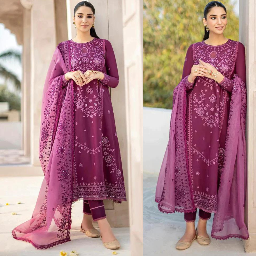 QN726-SUMMER 3PC Lawn Heavy Embroidered Shirt With Organza Embroidered Dupatta
