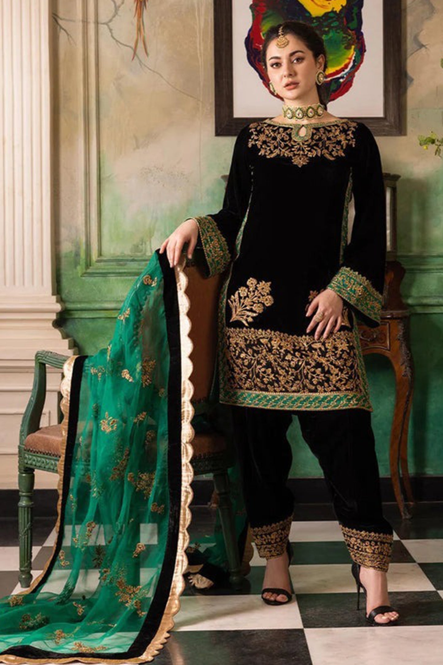 QN551 Velvet Winter Embroidered 3 Piece Dress With Organza embroidered Dopata