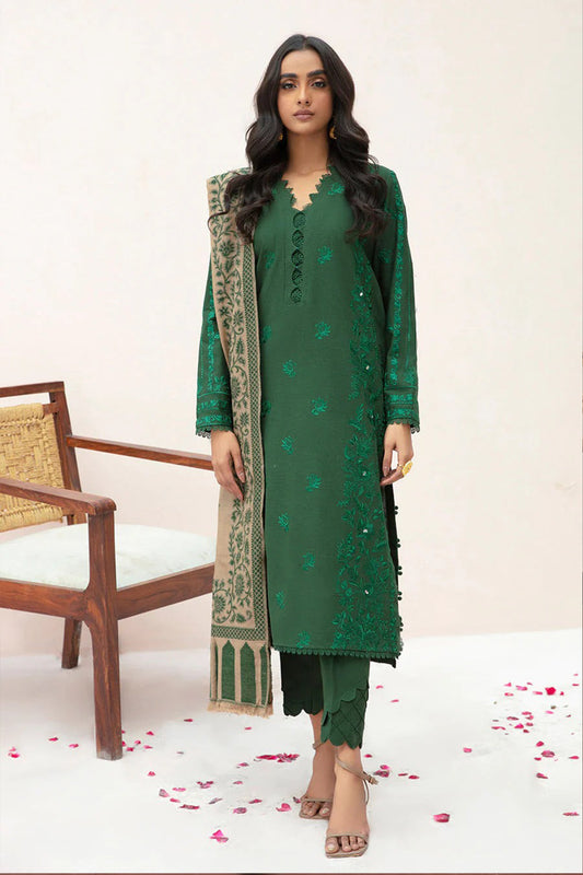 QN553-3PC Winter Dhannak  Embroidered suit with Printed Shawll