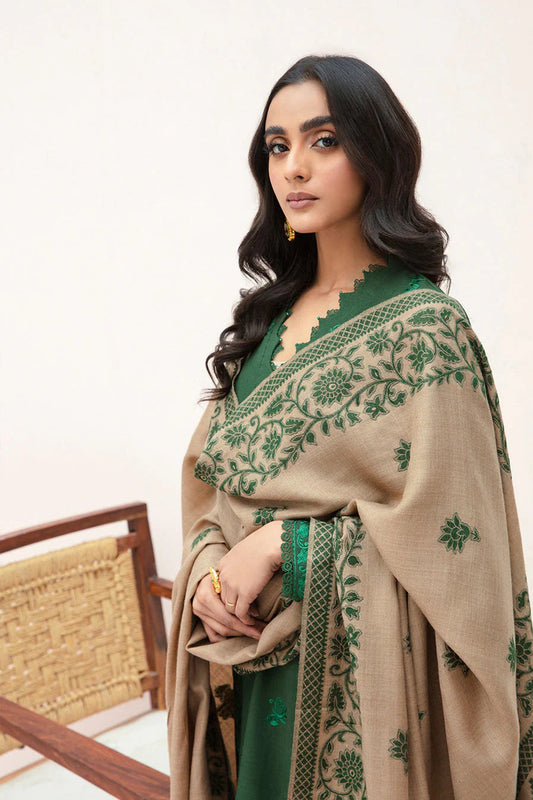 QN553-3PC Winter Dhannak  Embroidered suit with Printed Shawll