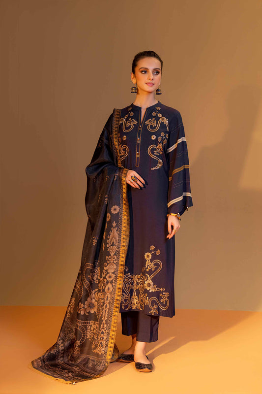 QN824-WINTER 3PC Dhannak Embroidered suit with Printed Shawll