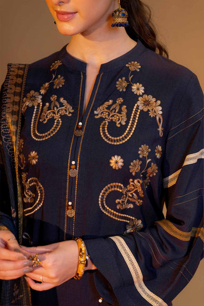 QN824-WINTER 3PC Dhannak Embroidered suit with Printed Shawll