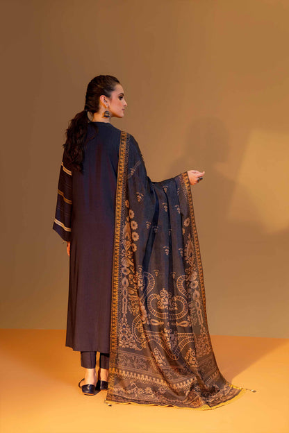 QN824-WINTER 3PC Dhannak Embroidered suit with Printed Shawll