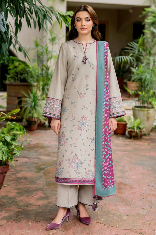 QN818-WINTER 3PC Dhannak Embroidered suit with Printed Shawll