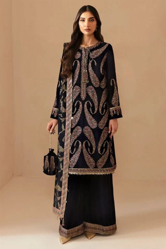 QN1101 Velvet Winter Embroidered 3 Piece Dress With Organza embroidered Dopata
