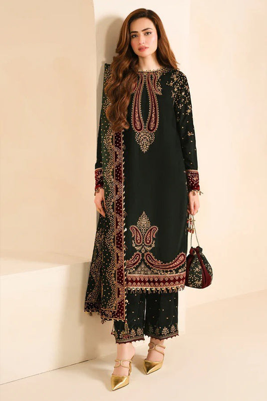 QN1102- Velvet Winter Embroidered 3 Piece Dress With Organza Printed Dopata