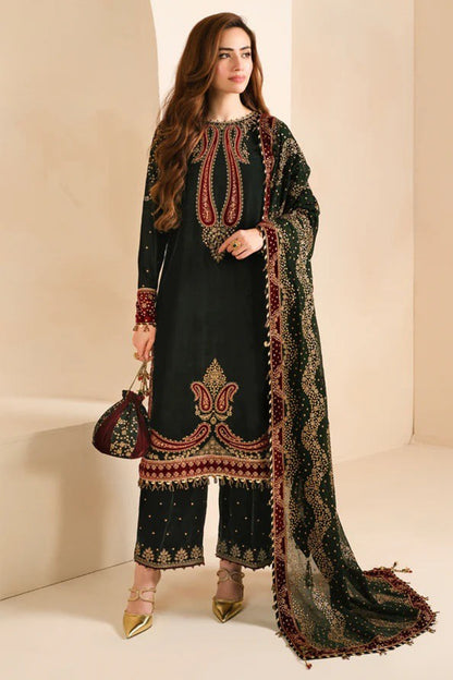 QN1102- Velvet Winter Embroidered 3 Piece Dress With Organza Printed Dopata