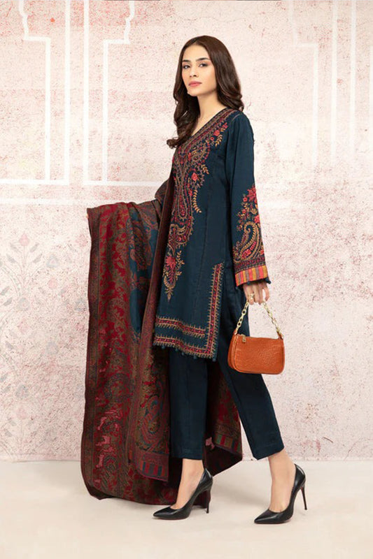 QN582-WINTER 3PC Khaddar Embroidered Suit with Printed Wool Shawll
