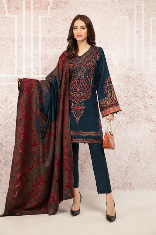 QN582-WINTER 3PC Khaddar Embroidered Suit with Printed Wool Shawll