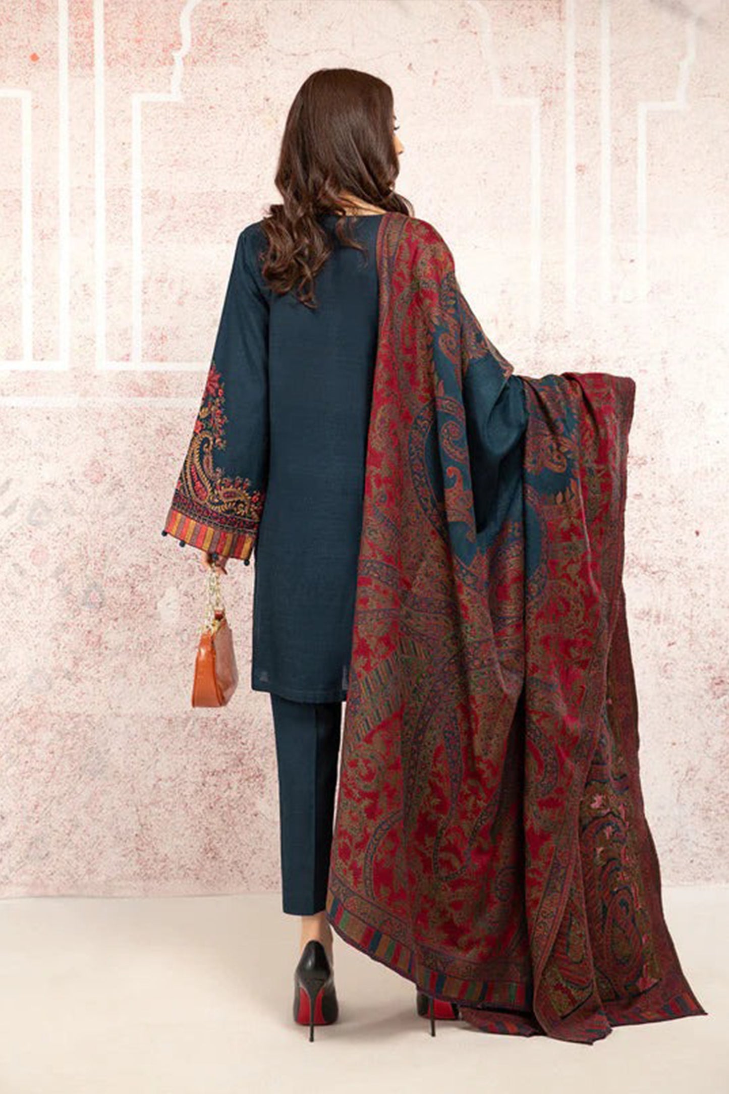 QN582-WINTER 3PC Khaddar Embroidered Suit with Printed Wool Shawll