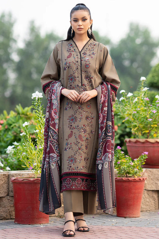 QN617-WINTER 3PC Dhannak Embroidered suit with Printed Shawll