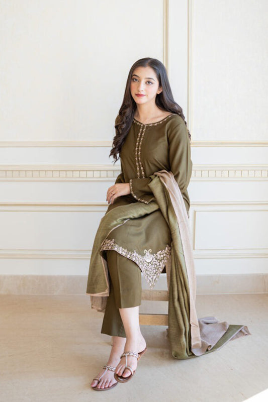 QN612-WINTER 3PC Dhanak suit with Embroidered Shawll