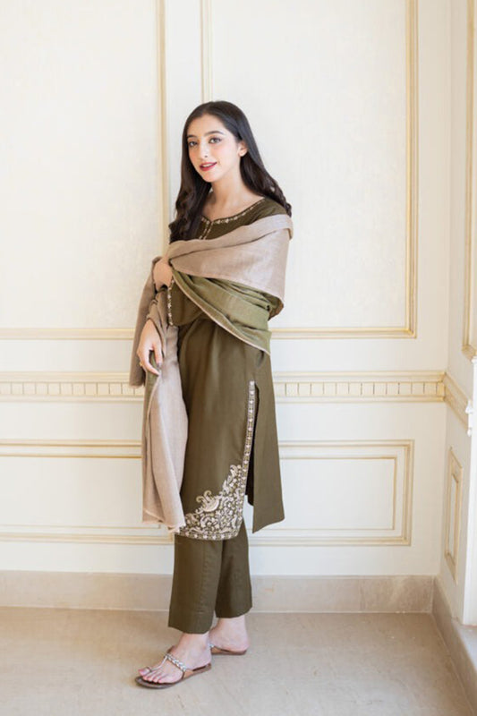 QN612-WINTER 3PC Dhanak suit with Embroidered Shawll