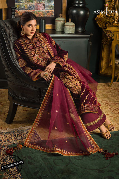 QN1113Winter Embroidered Velvet Dress With Organza embroidered Dopata