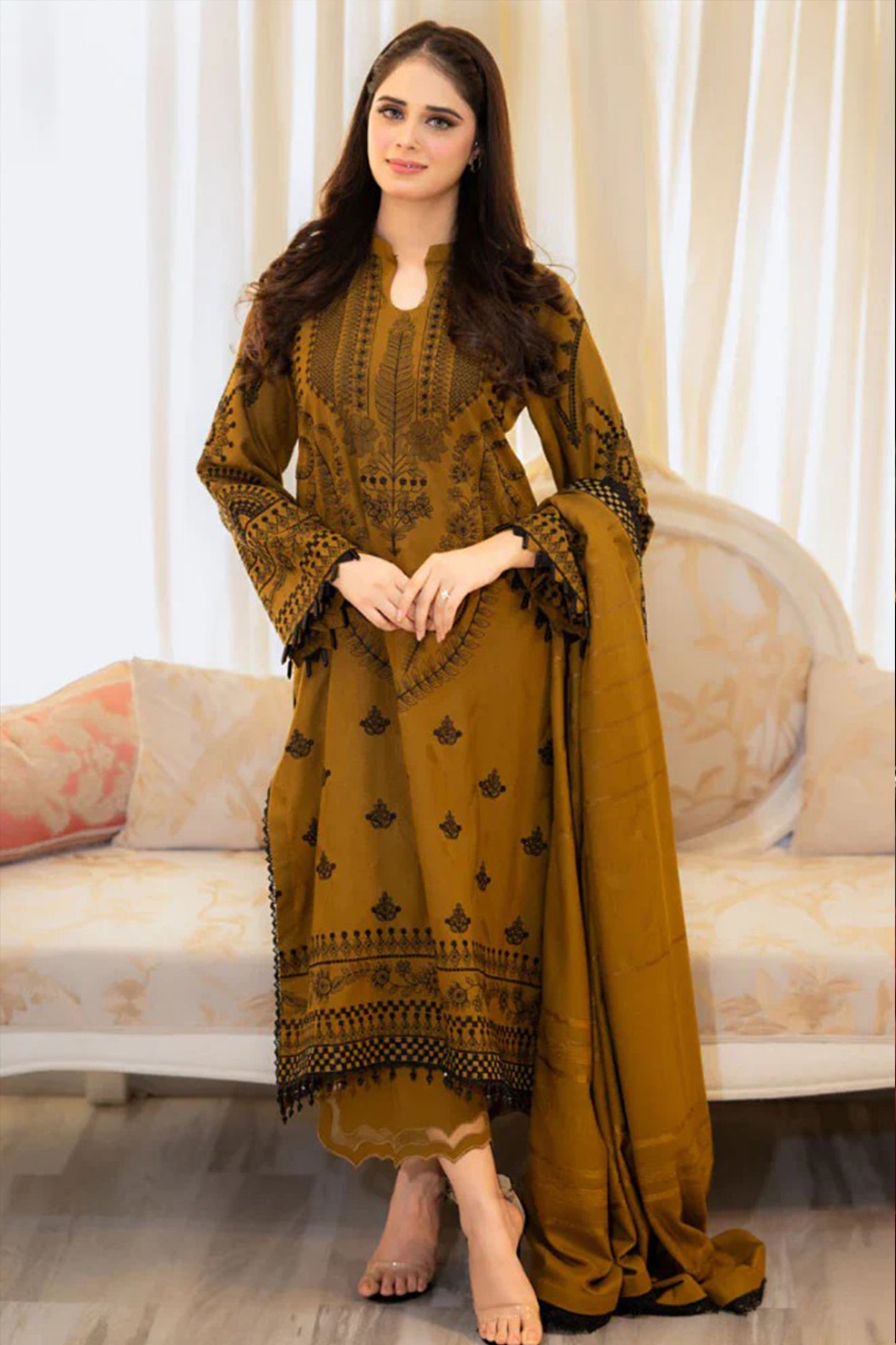 QN1110-WINTER 3-Pc Embroidered Dhanak Suit with Heavy Embroidered Dhanak Shawll