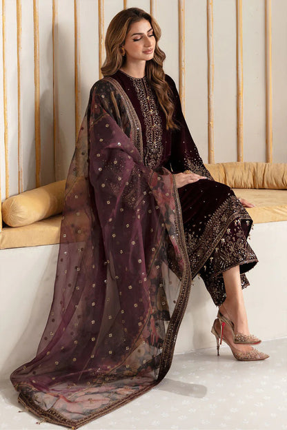 QN902-Winter Velvet Unstitched 3PCs Embroidered Dress With Organza Dupatta