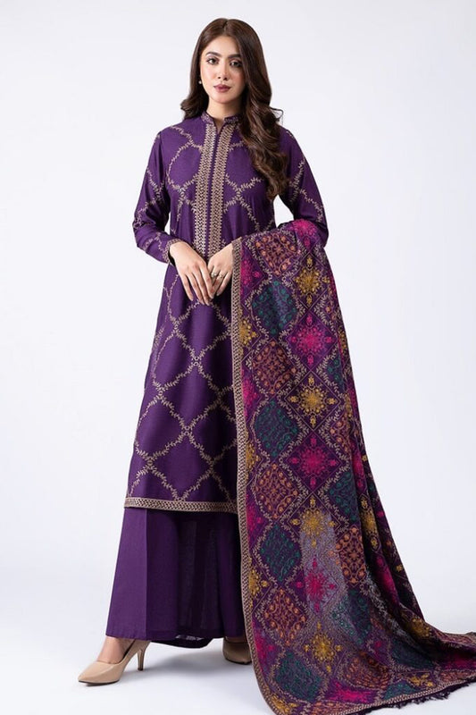QN603-WINTER 3-Pc Embroidered Dhanak Suit with Heavy Embroidered Dhanak Shawll