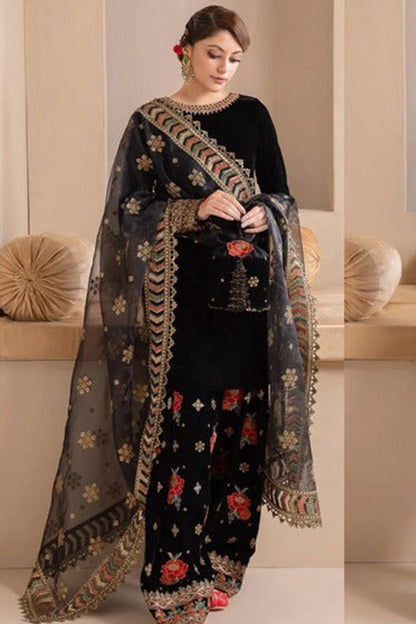QN577 Embroidered Winter Velvet Dress With Organza embroidered Dupatta