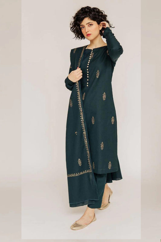 QN566-Winter 3PC Dhannak Embroidered Suit with Dhanak Embroidered Shawll