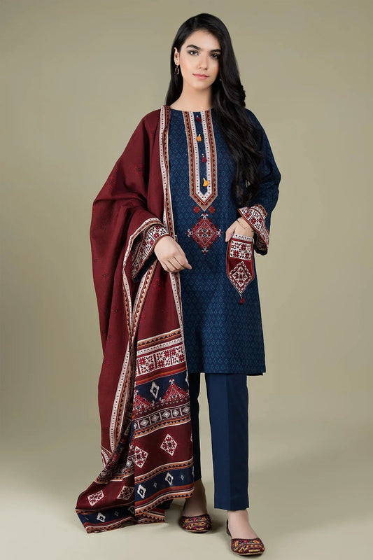 QN416-WINTER 3PC Linen Embroidered suit with Printed Shawll