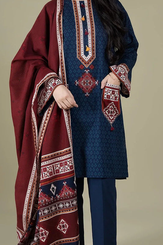 QN416-WINTER 3PC Linen Embroidered suit with Printed Shawll