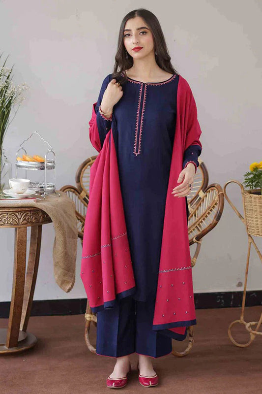 QN404-WINTER 3PC Dhanak suit with Embroidered Shawll