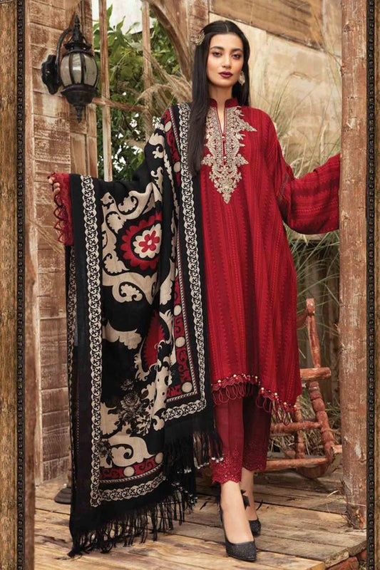QN412-WINTER 3PC Dhannak Embroidered suit with Printed Shawll