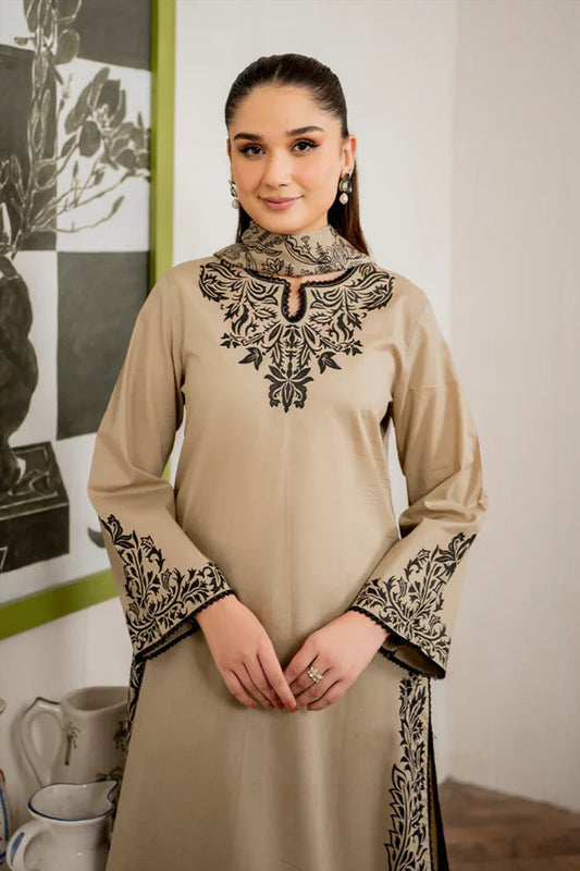 QN913-WINTER 3PC Dhannak Embroidered suit with Printed Shawll