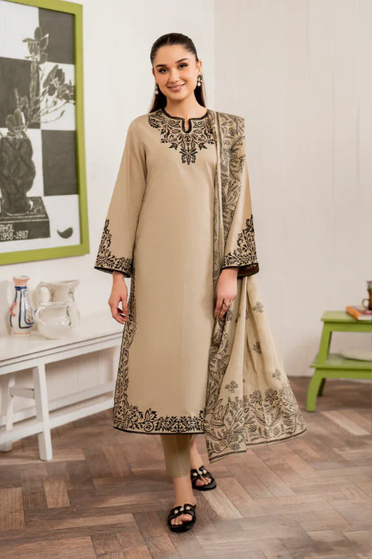 QN913-WINTER 3PC Dhannak Embroidered suit with Printed Shawll