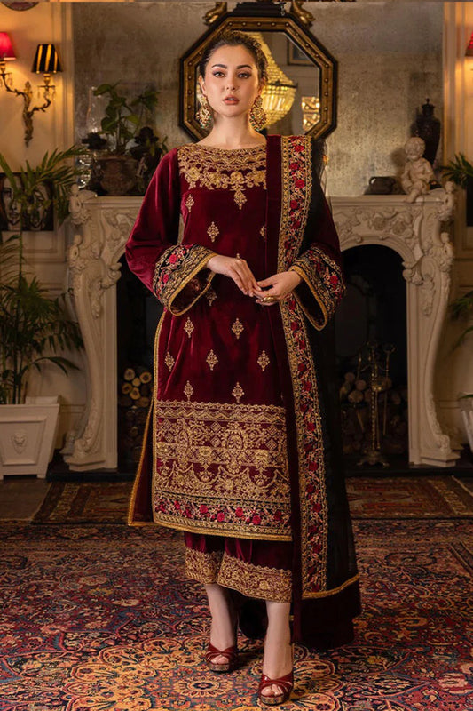 QN556 Velvet Winter Embroidered 3 Piece Dress With Organza embroidered Dopata