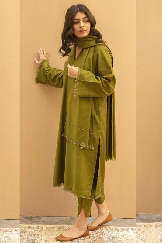 QN564-Winter 3PC Dhannak Embroidered Suit with Dhanak Embroidered Shawll