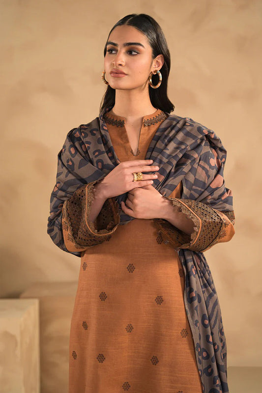 QN631-WINTER 3PC Dhannak Embroidered suit with Printed Shawll
