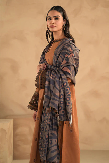 QN631-WINTER 3PC Dhannak Embroidered suit with Printed Shawll