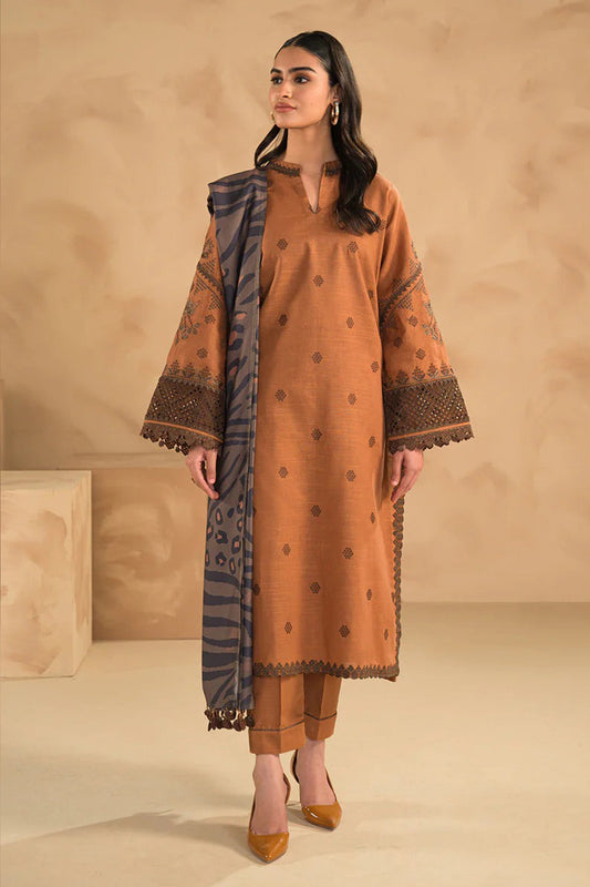 QN631-WINTER 3PC Dhannak Embroidered suit with Printed Shawll