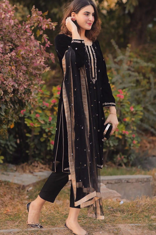 QN409-WINTER Velvet Embroidered Dress With Organza embroidered Dopata