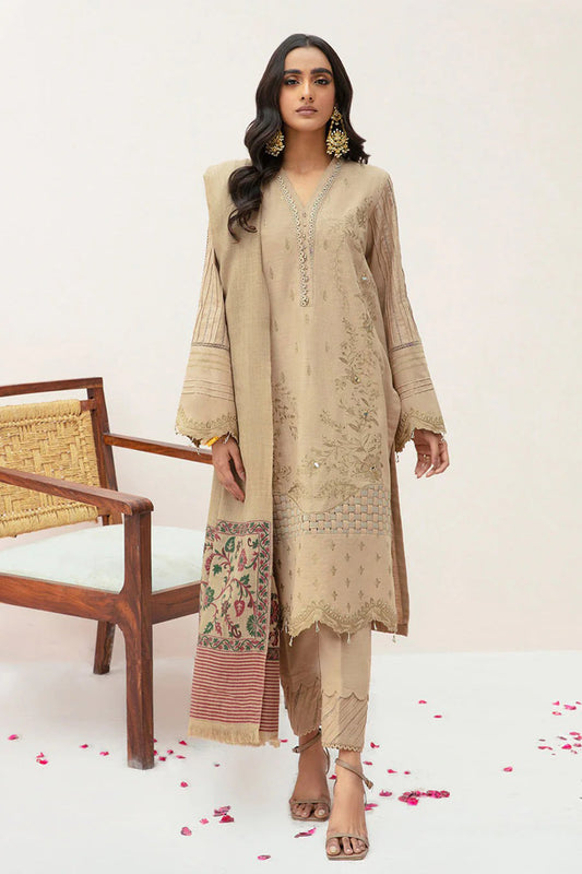 QN574-WINTER 3PC Dhannak Embroidered suit with Printed Shawll