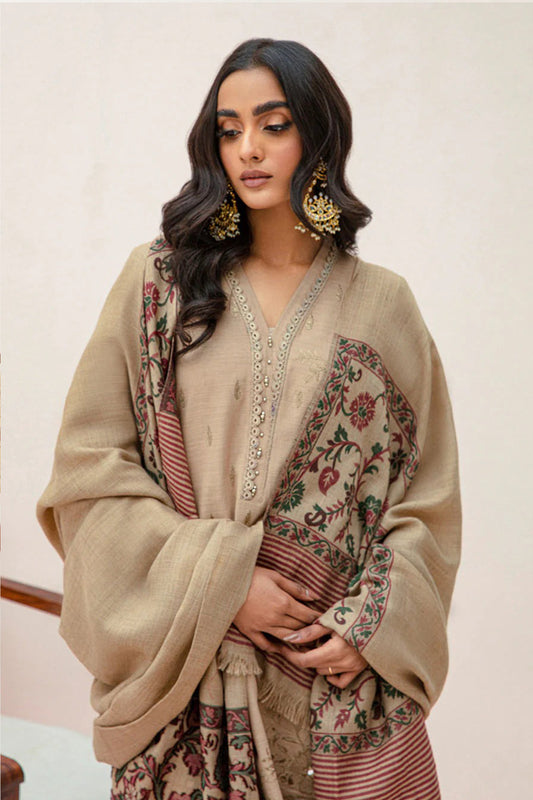 QN574-WINTER 3PC Dhannak Embroidered suit with Printed Shawll