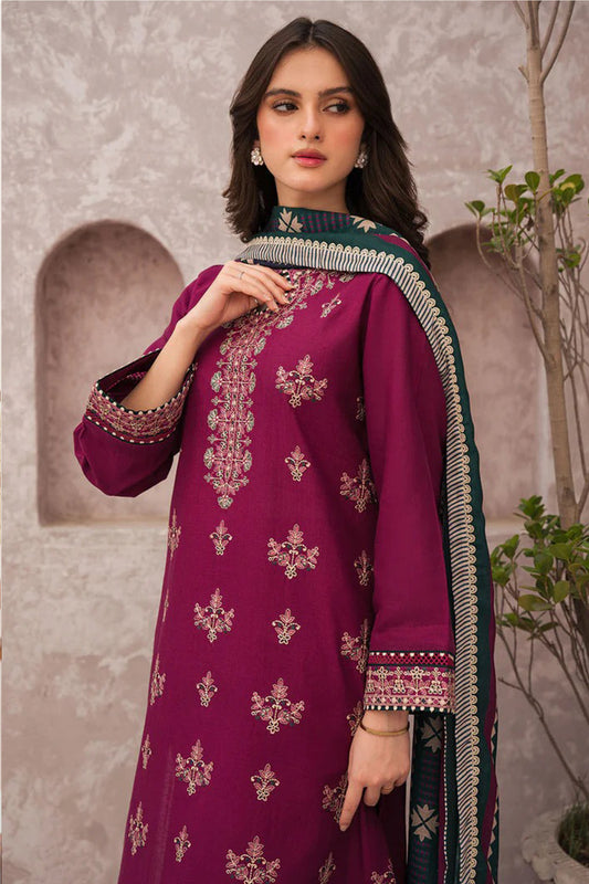 QN619-WINTER 3PC Dhannak Embroidered suit with Printed Shawll
