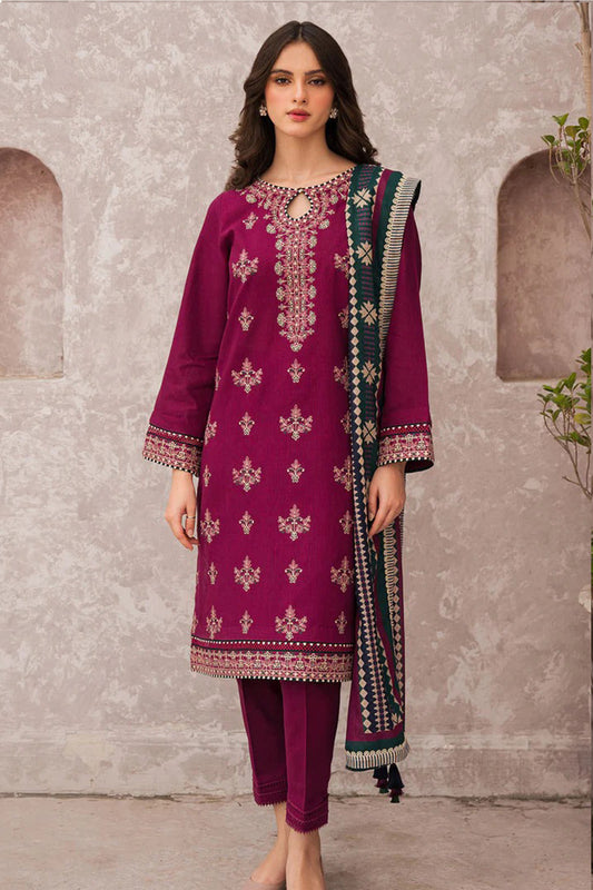 QN619-WINTER 3PC Dhannak Embroidered suit with Printed Shawll