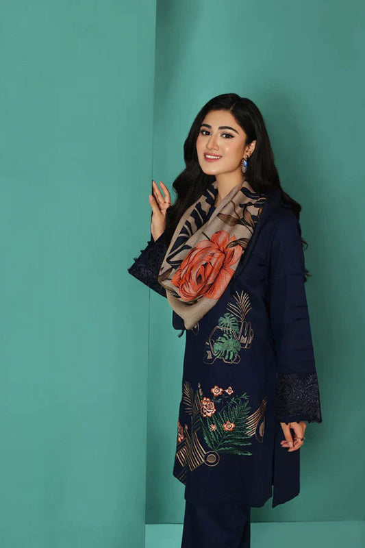 QN585-WINTER Nishat Blue Linen Embroidered three piece With Printed Wool Shawl
