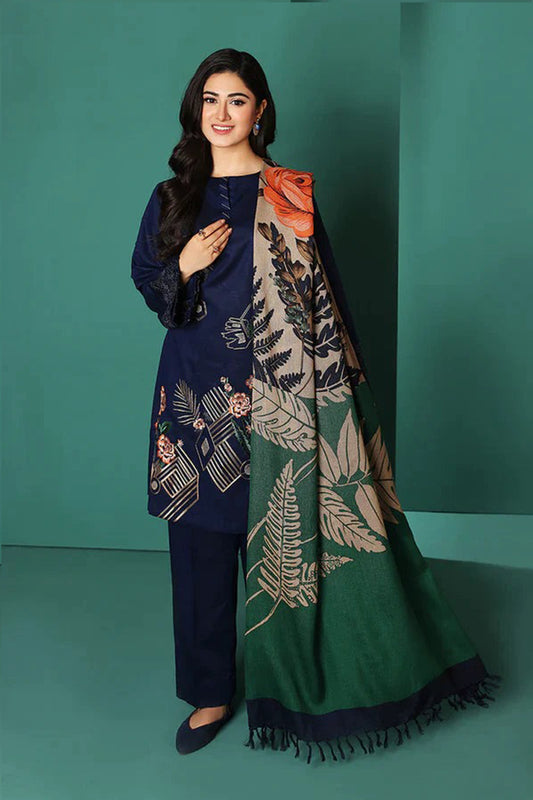 QN585-WINTER Nishat Blue Linen Embroidered three piece With Printed Wool Shawl